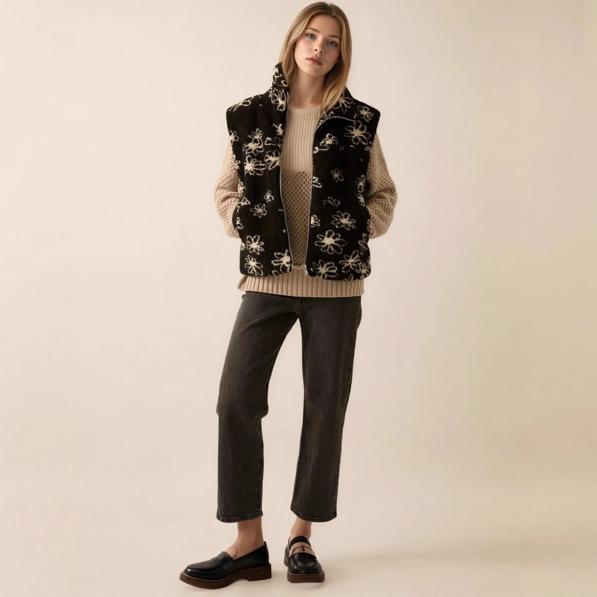 Warm vest voor dames met modieuze revers Bloemenprint Lamswol Dames winterbont Mouwloos fleece vest uit één stuk