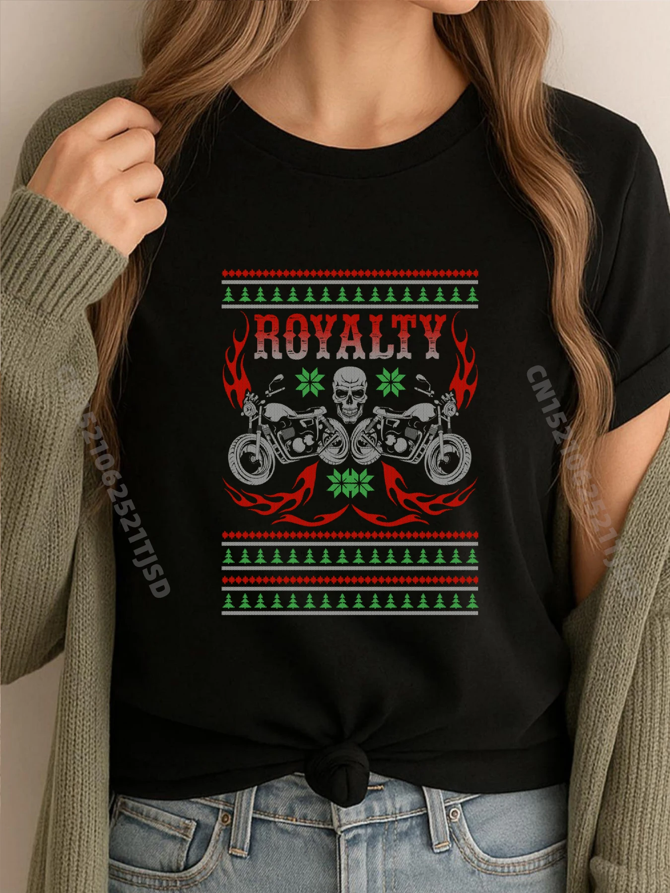 

Motorcycle Royalty Skull Biker Holiday Ugly Christmas T Shirt Woman 100℅ Cotton Man Tops