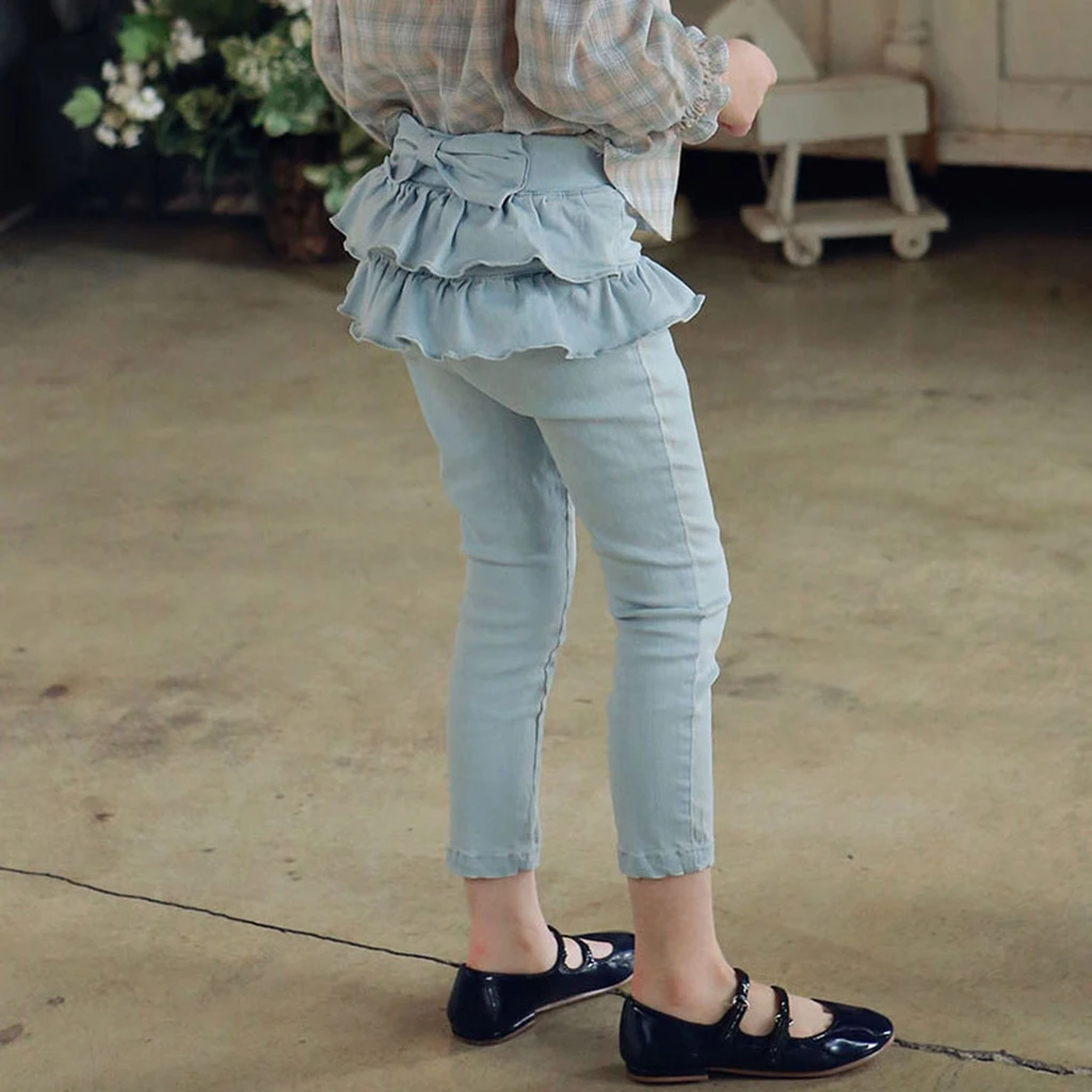 Spring 2026 Korean Style Pant Girls Jeans Double Layered Frayed Edge with Butterfly Knots in Stock Child Clothing Trousers
