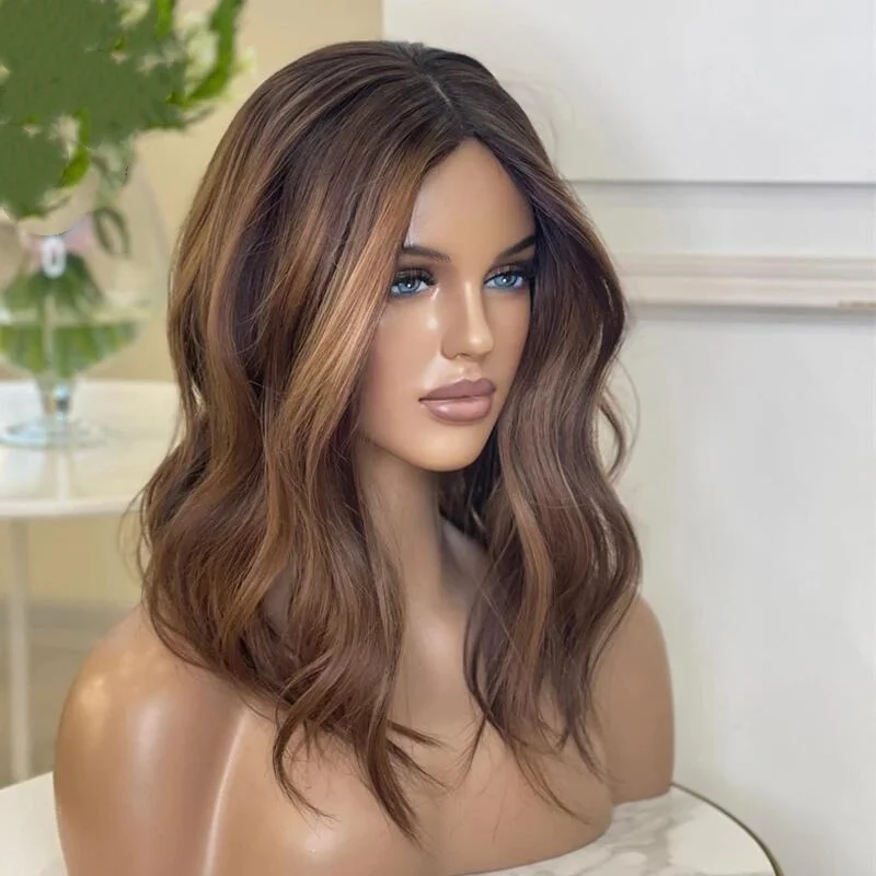 Highlight  Brown Glueless Long 26Inch Wave 5x5 Silk Base Jewish 100% Human Hair Wig Baby Hair HD Lace European Hair Preplucked