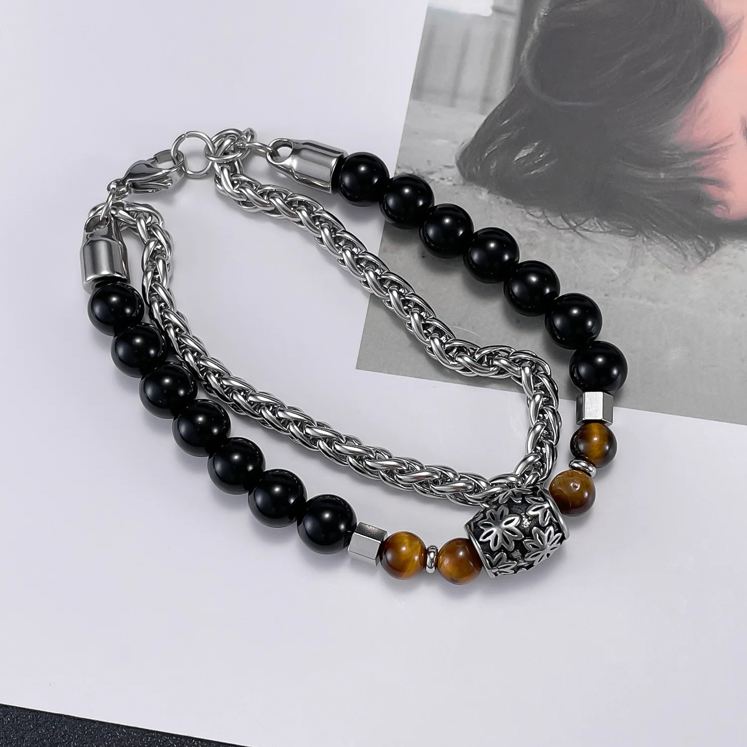 Double Black Agate Tiger Eye Stones Bracelet Men's tainless Steel Layer Round Magnet Bead Luxury Bracelet for Men Women Jewelry