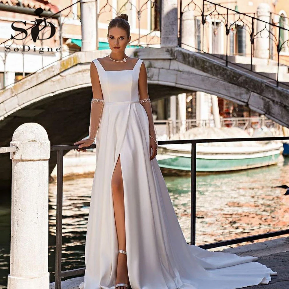 

SoDigne Elegant Wedding Dresses 2024 Square Necking Beads Short Sleeves Bride Dress Middle Slit Satin Women Bridal Gowns