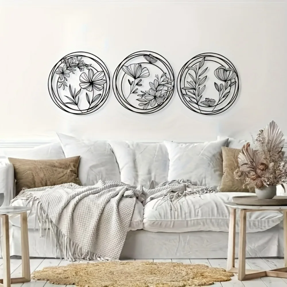 CIFBUY Metal Flower Wall Art 3pcs Set Unique Home Decor Modern Design Wall Hanging Bedroom Decor Spring Floral Wall Sculpture