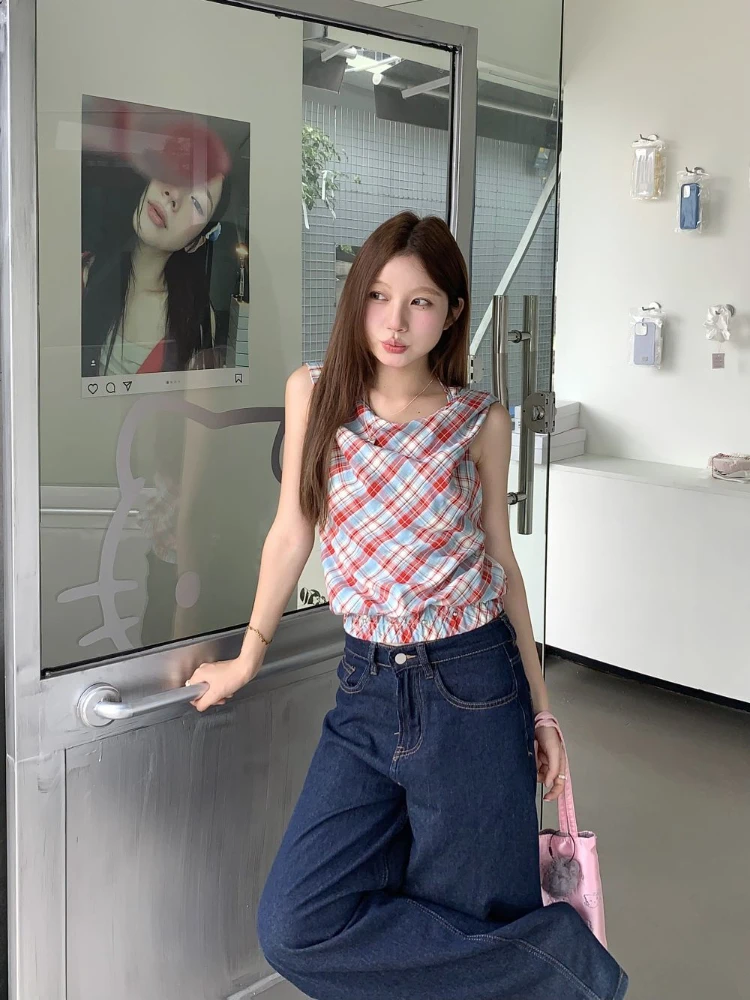 

Контрастная цветная клетчатая рубашка без рукавов с капюшоном для девочек, летняя сексуальная кружевная рубашка с открытой спиной, облегающий укороченный топ, блузка Y2k