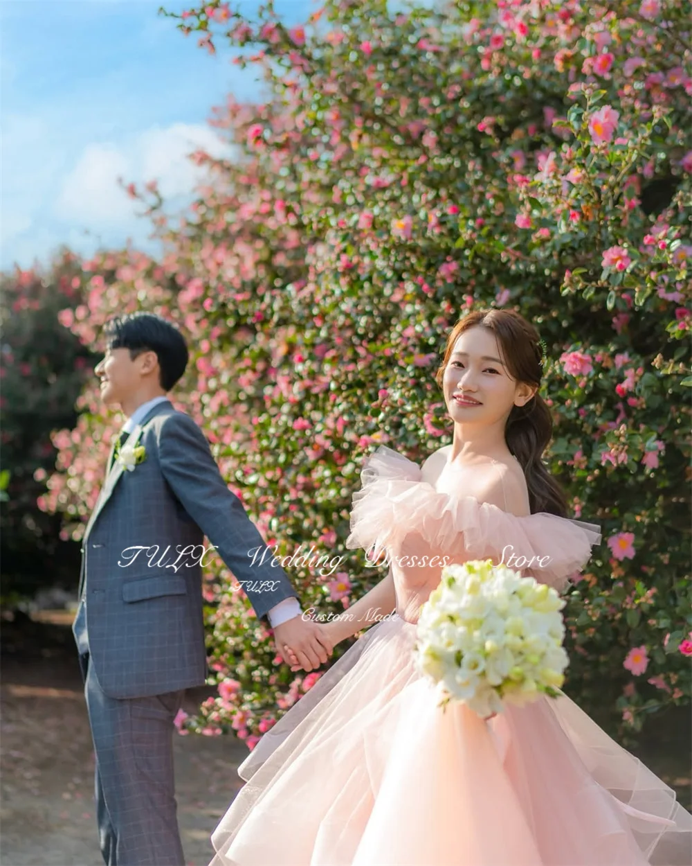 TULX fée Tulle rose robe de soirée corée mariage séance Photo épaules nues longue à plusieurs niveaux robe de soirée de mariée Corset personnalisé 2025