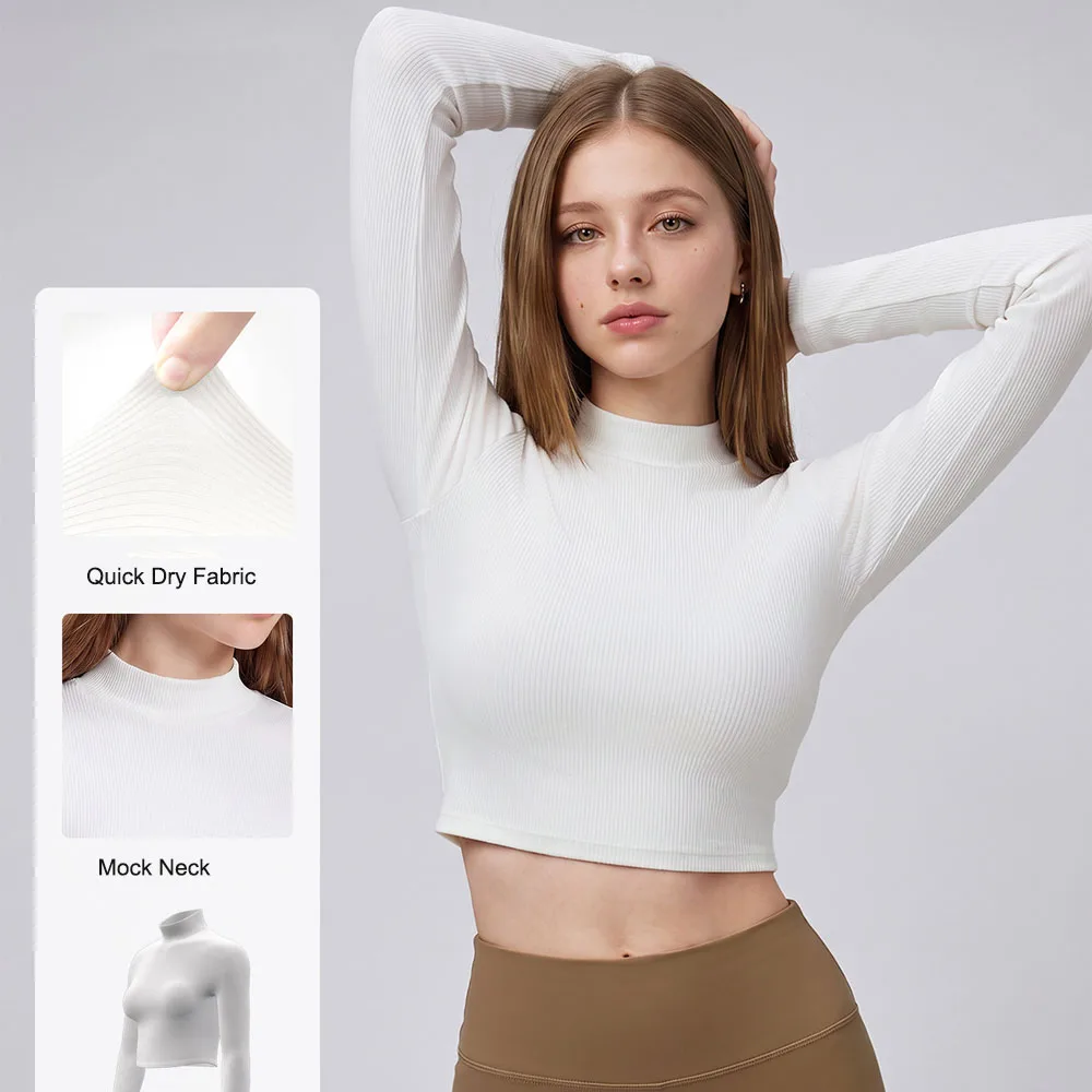 Women Mock Neck Cropped Yoga Top Slim Long Sleeve Athletic Workout T Shirt Quick Dry Stretch Sportswear