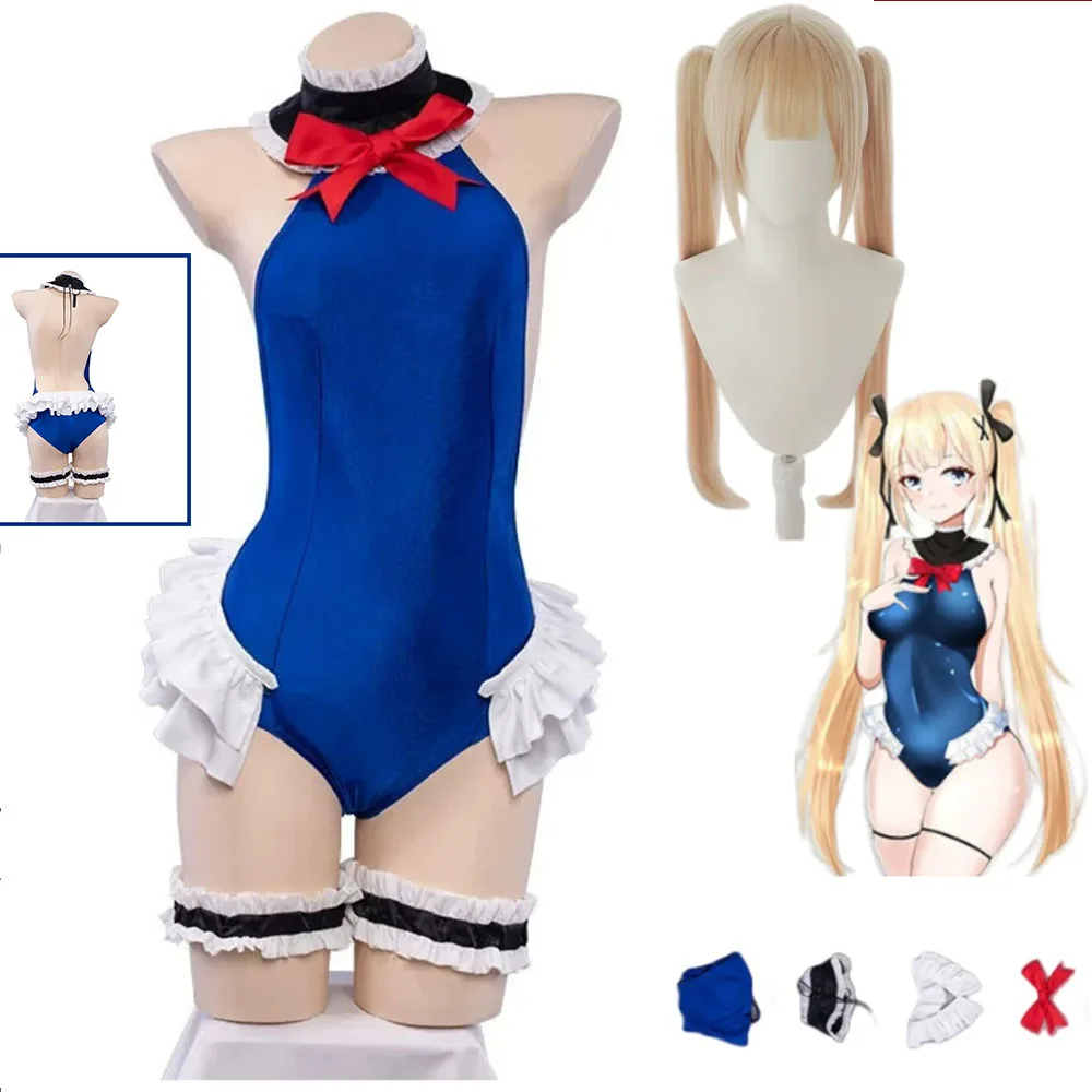 

Game Azur Lane Marie Rose Cosplay Costume Summer Day Wig Woman Cute Beach Party Bikini Suit Sexy Blue Jumpsuits Swimsuit