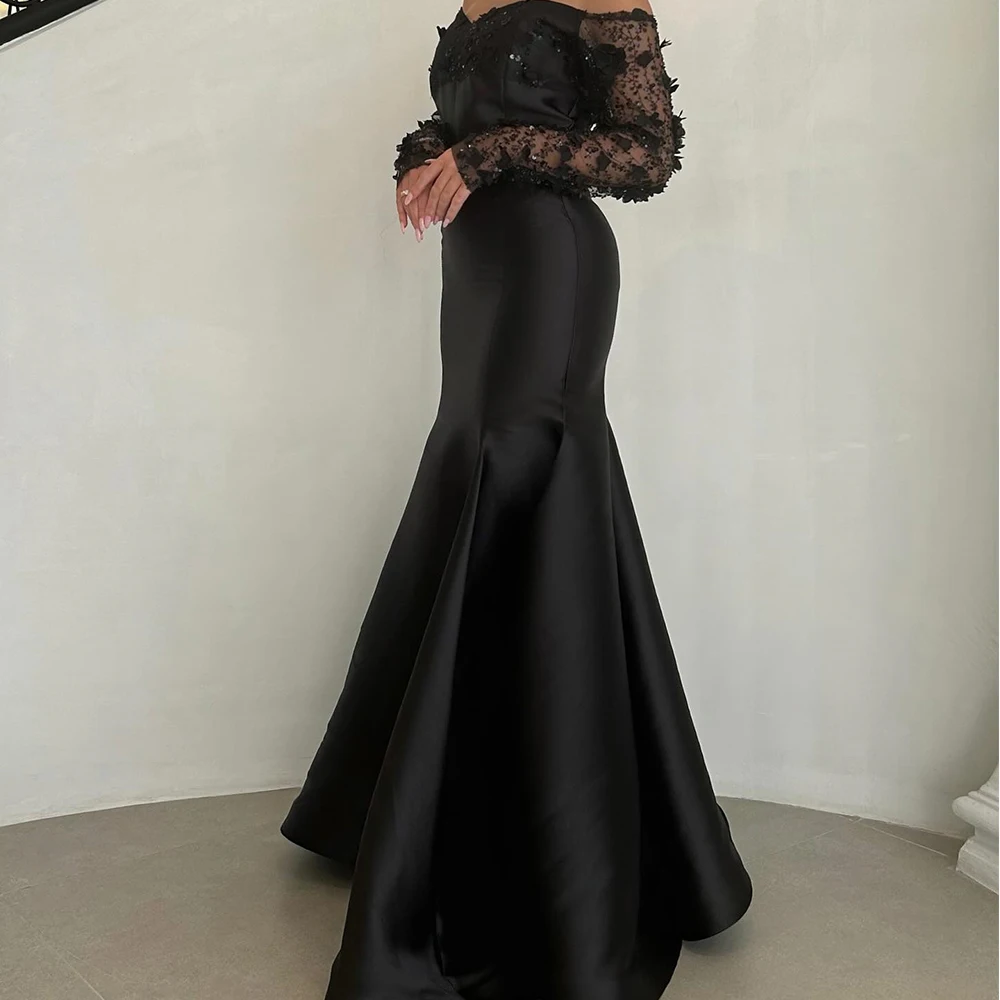 

Customized Satin Mermaid Off the Shoulder Appliques and Crystal Evening Dress Floor Length Boat Neck Long Sleeves Sweep Train