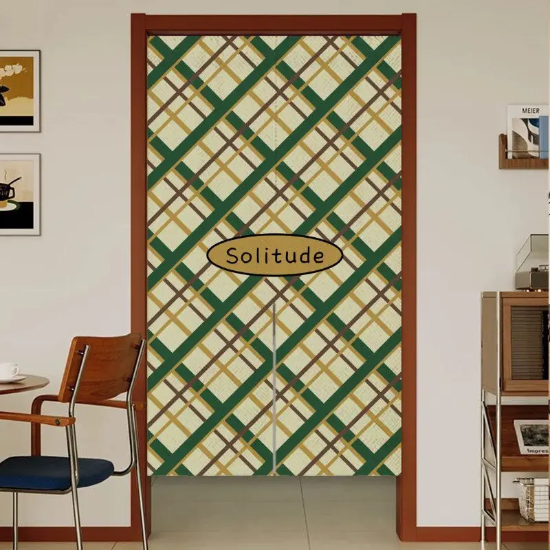 VIKAMA Retro Checkered Japanese-Style Half-Door Curtain, Privacy Divider for Indoor Entryways, Bedroom Wall Decoration