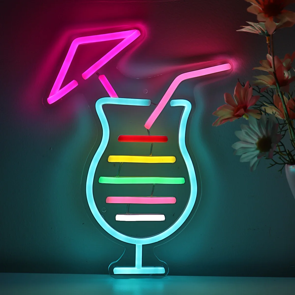 

1PC Rainbow Cocktails With Umbrella Hurricane Glass LED Wall Neon Sign For Room Party Pub Club Gallery Decoration8.82''*11.81''