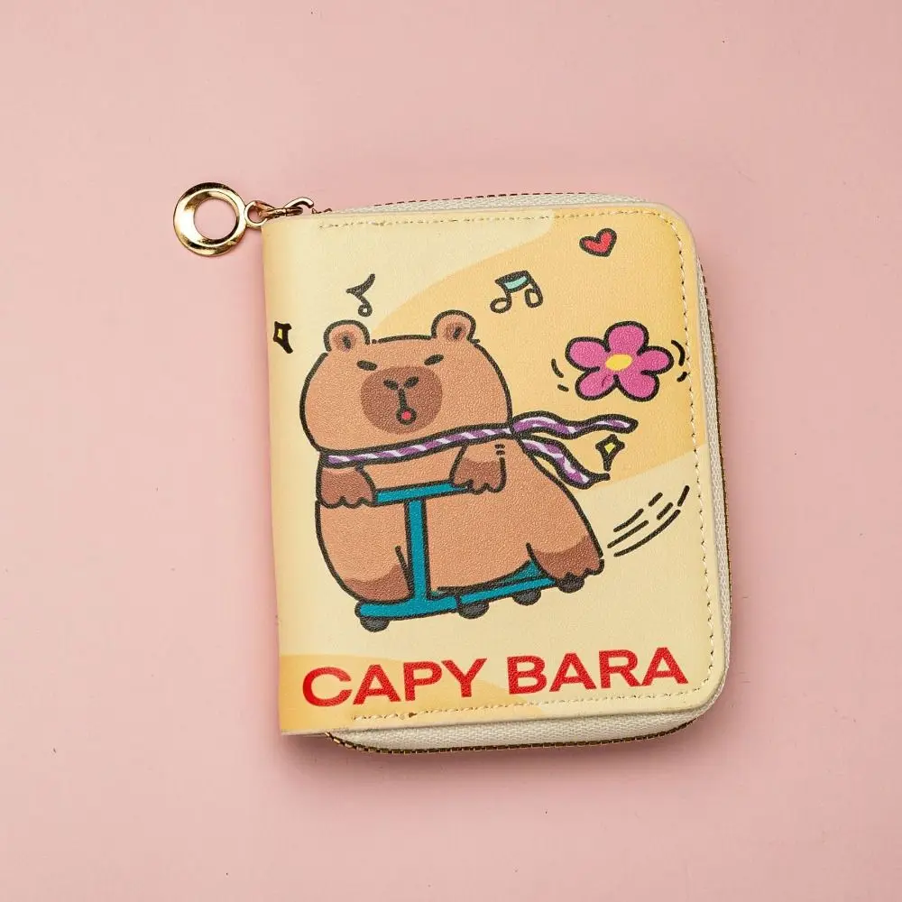 かわいいジッパー付きカピバラショートウォレットPUレザー漫画コインパース多層防水カードバッグ