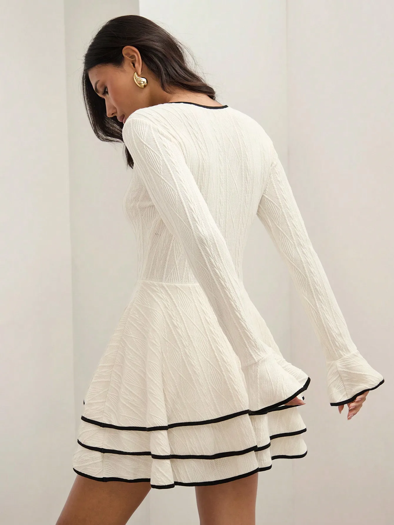 Vestido feminino casual patchwork com bainha em camadas estilo dinheiro antigo vestido elegante, outono e inverno