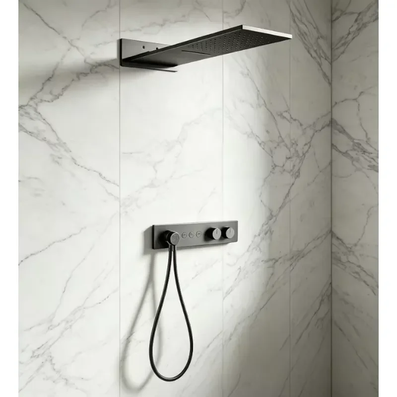 WEIHAO Matte Black Wall Embedded Shower Set Rectangular Overhead Two Rain Modes for Minimalist Bathroom Renovation view 3