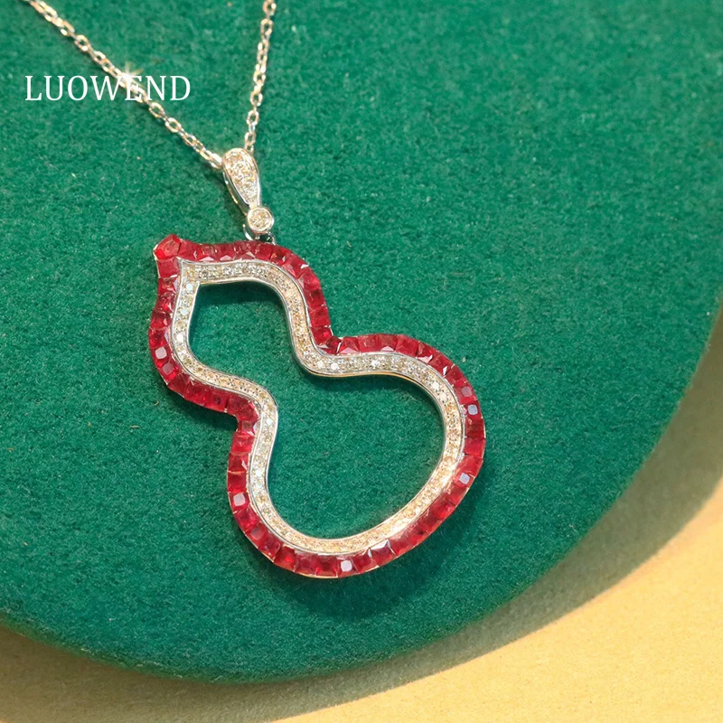 LUOWEND 100% 18K White Gold Necklace Luxury Design Shiny Diamond Natural Ruby Gemstone Necklace for Women High Party Jewelry