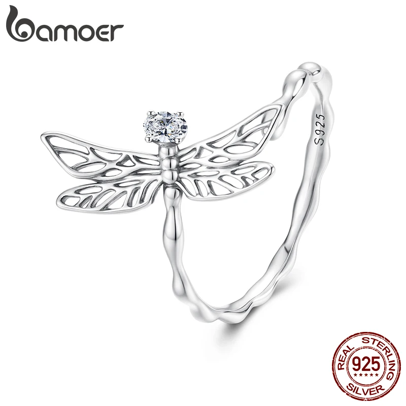 

Bamoer 925 Sterling Silver Dragonfly Open Ring For Women with Zircon Adjustable Cute Insects Rings Fine Jewelry Gifts for Girls