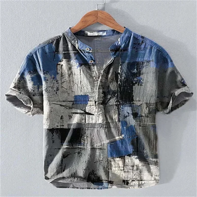 الصيف الرجال الكتان قصيرة الأكمام الخامس الرقبة الرجعية النفط اللوحة طباعة قميص غير رسمي ملابس للرجال حجم كبير التسليم السريع