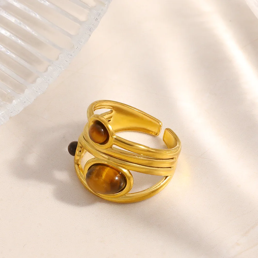 Stainless Steel Green Natural Tiger Eye Open Ring Statement Golden 18k Plated Ring bague acier inoxydable Jewelry Gift New