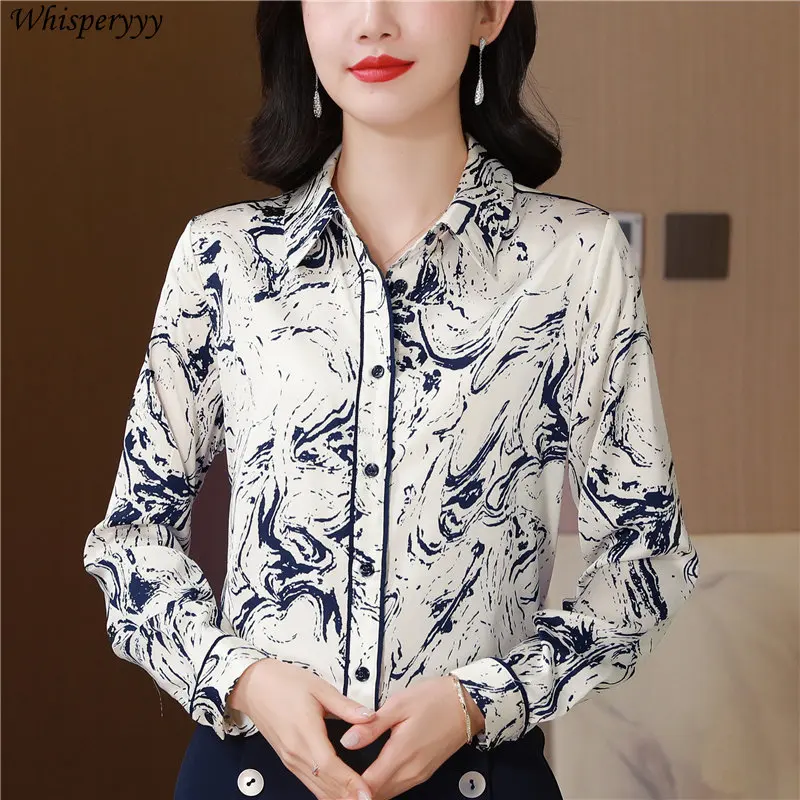 Spring New Women's Shirt Printed Commuter Tops Shirt Fashion Camisa Feminina Long-sleeved Turn Over Collar Button Blouse