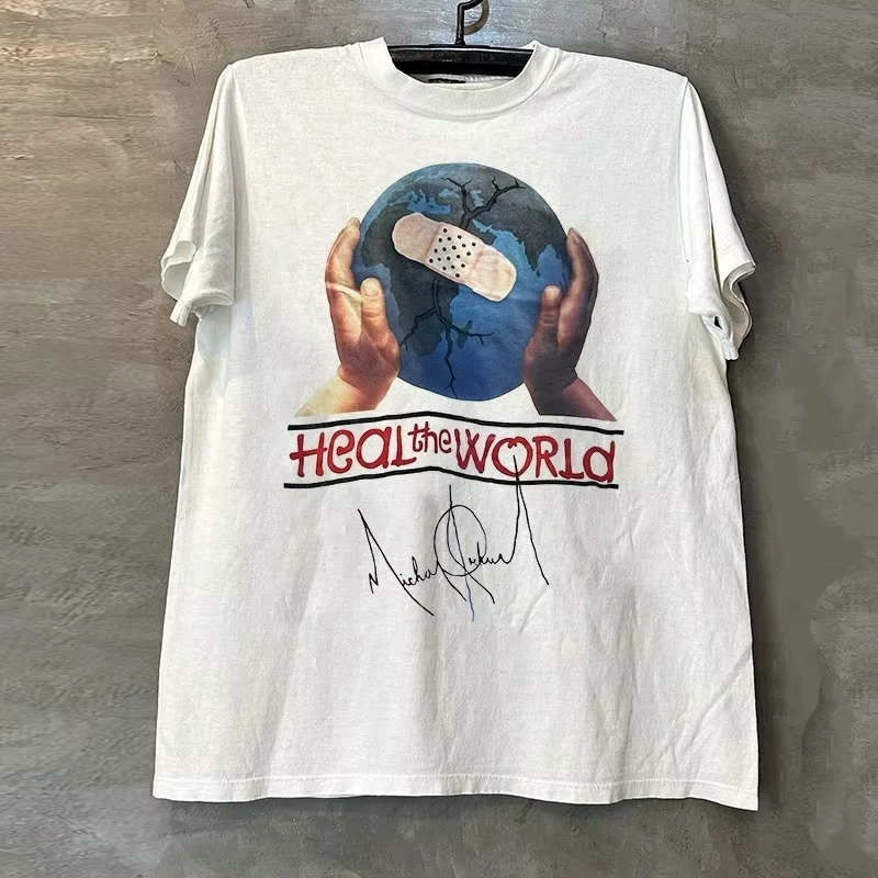

Heal The World Michael Jackson Album Cover Unisex Summer Casual Short Sleeve T-Shirt Vintage Ruffian Handsome Half Sleeve Tide