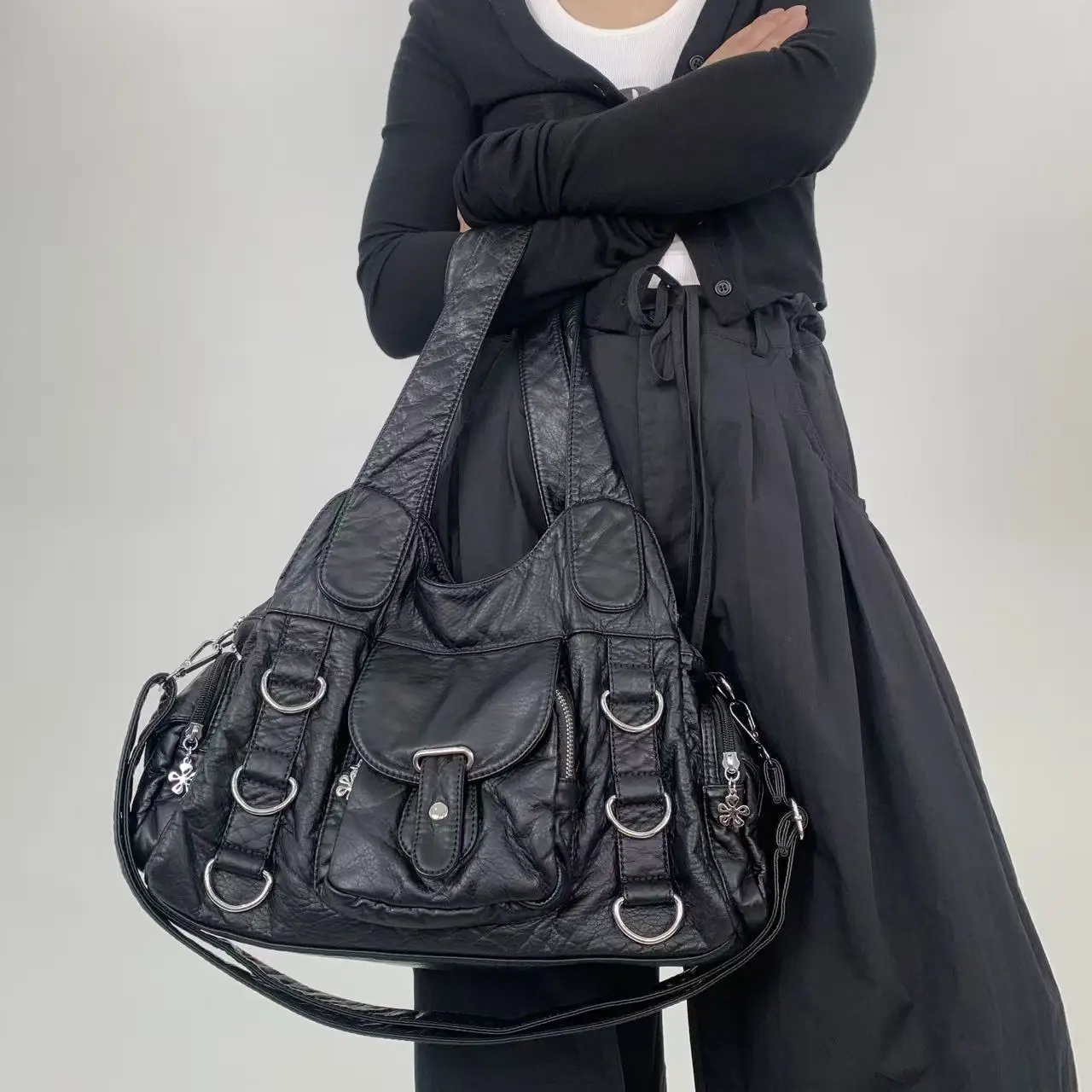 

Vintage Women Bag Large Handbags Satchel Top-handle PU Shoulder Bag Vintage Dumpling Pack Multi-pockets Shoulder Bags Purse