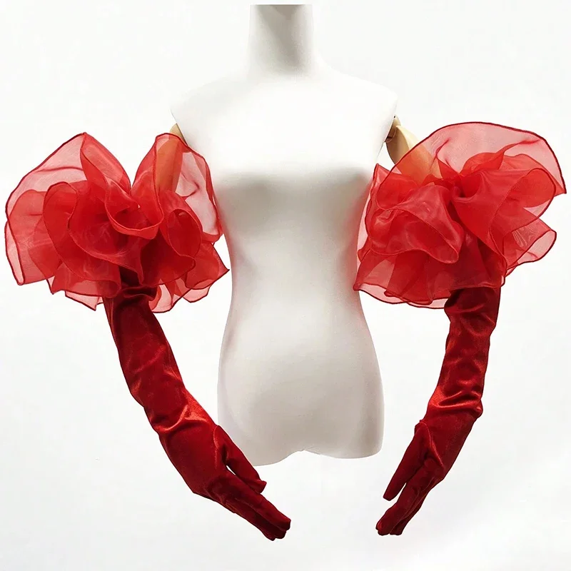 

55cm Bridal Velvet Long Gloves Oversize Organza Ruffles Wedding Party Dress Etiquette Gloves Wedding Puff Arm Sleeves