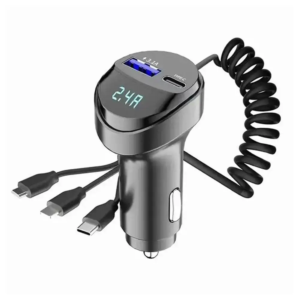 55W 2 Ports USB Fast Car Phone Charger 3.1A With Voltage Display Car Three In One USB Retractable Charging Cable