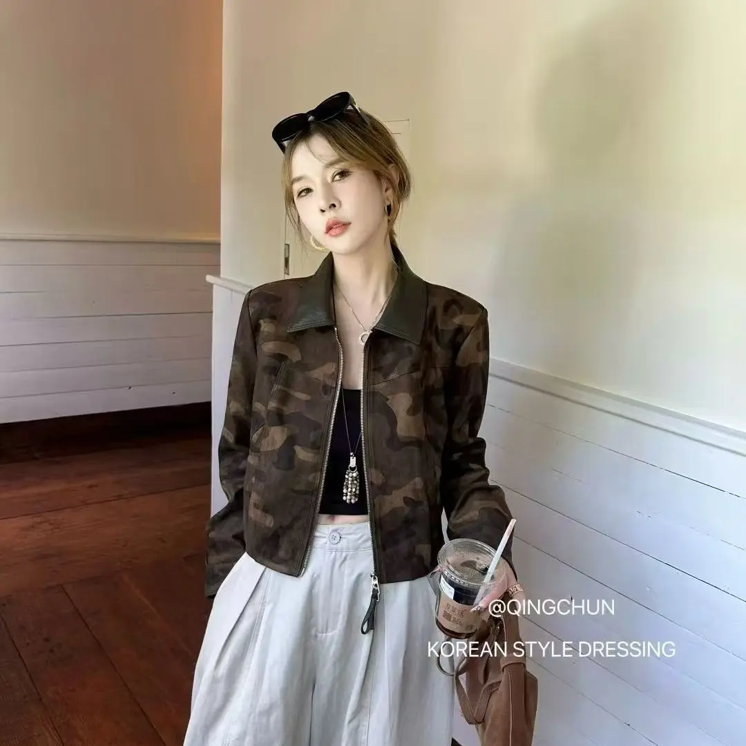 

Collar Color Blocked Camouflage Coat For Women 2025 Spring/autumn New Collection Retro Versatile Short Jacket Top For Women