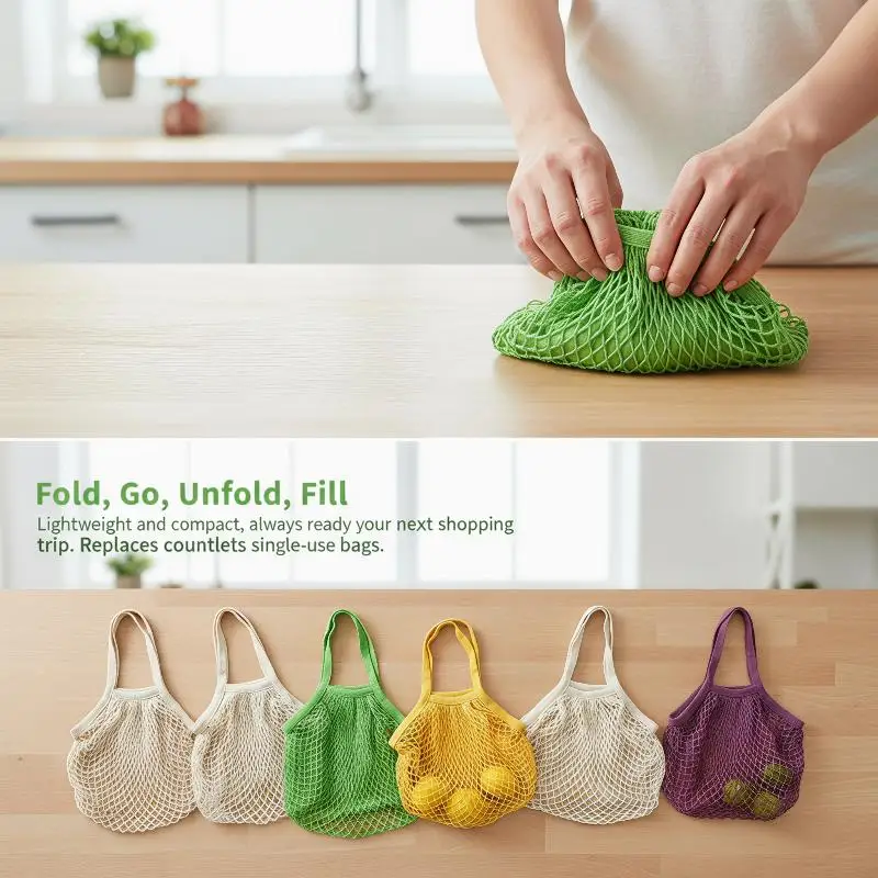 Machine Washable Cotton Mesh Grocery Bag Portable Rope Handle Tote for Supermarket Shopping Produce Carry