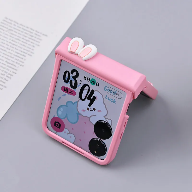 Cute Rabbit Ears Hinge Phone Case For Samsung Galaxy Z Flip 3 4 5 6 7 For Motorola Razr 40 50 60 Ultra Xiaomi Mix Flip 2 Cover