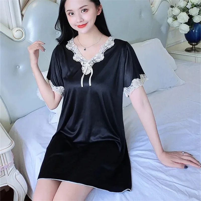 2024 New Women Nightgowns Satin Silk Sleepwear Soft Nightwear Lace Dress Sexy Lingerie Gown Robe Homedress Nightdress