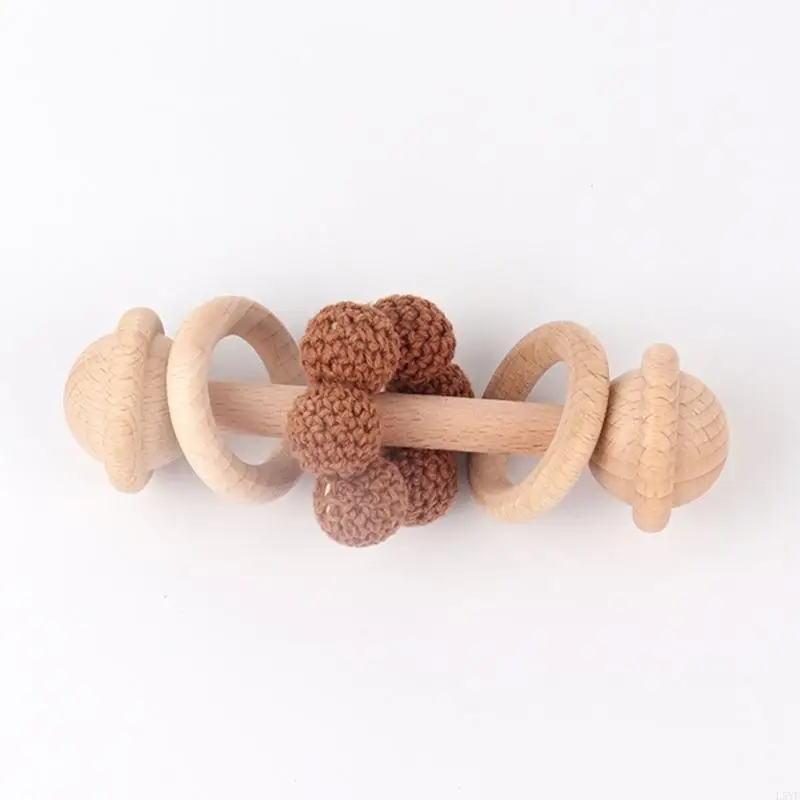 

L5YF 5 Pcs Baby Rattles Natural Wooden Teether Crochet Bead Bracelet Music Hand Set Gym Montessori for Newborn Infants