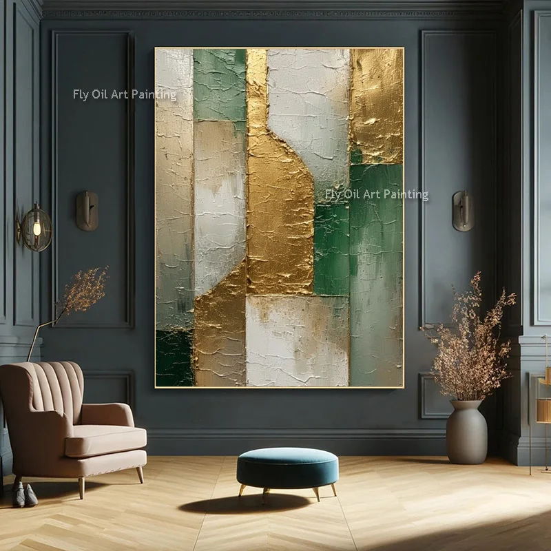 Green White Gold Canvas Thick Wall Art Abstract Geometric Oil Painting Gold Foil Simple Wall Art Decor For Home Living Hall