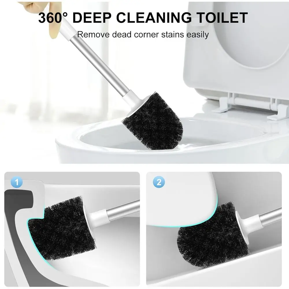 Closing Lid Toilet Bowl Brushes Holder and Extra Long Handle Ventilated Toilet Brush Set, Nylon Bristles, White & Grey view 6