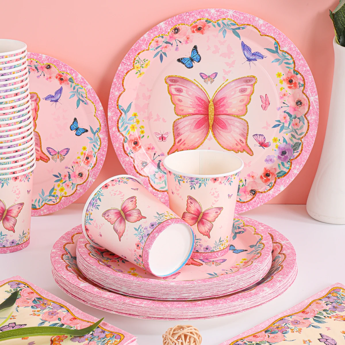 Butterfly Party Paper Plate Cups Napkins Birthday Disposable Tableware Set for Baby Shower Party Supplies Butterfly Party Decor - view 2