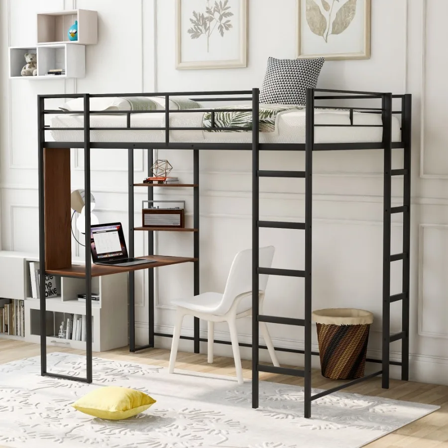

Twin Metal Loft Bed with 2 Shelves and one Desk BLACK Old SKU: MF281206AAB
