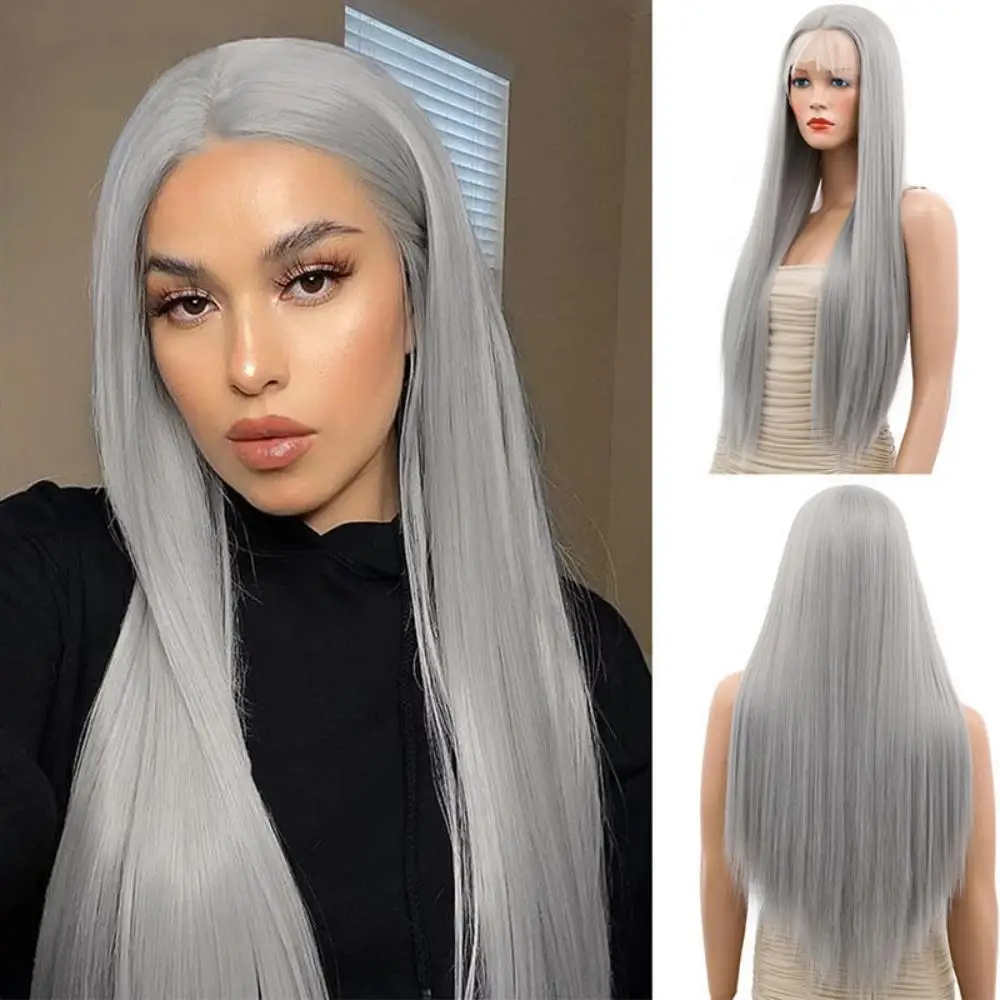

Synthetic Wig For Women Granny Grey Medium Part Long Straight Hair High Temperature Silk Long Hair Full Head Cover