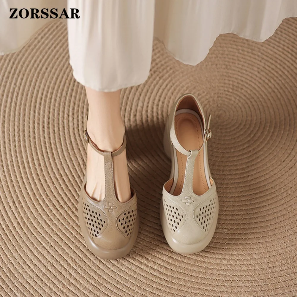 2026 New Women's Hollow Out Platform Mary Jane Heels T-Strap Closed Toe Sandals Comfort Buckle Casual Office Summer Leather Shoe