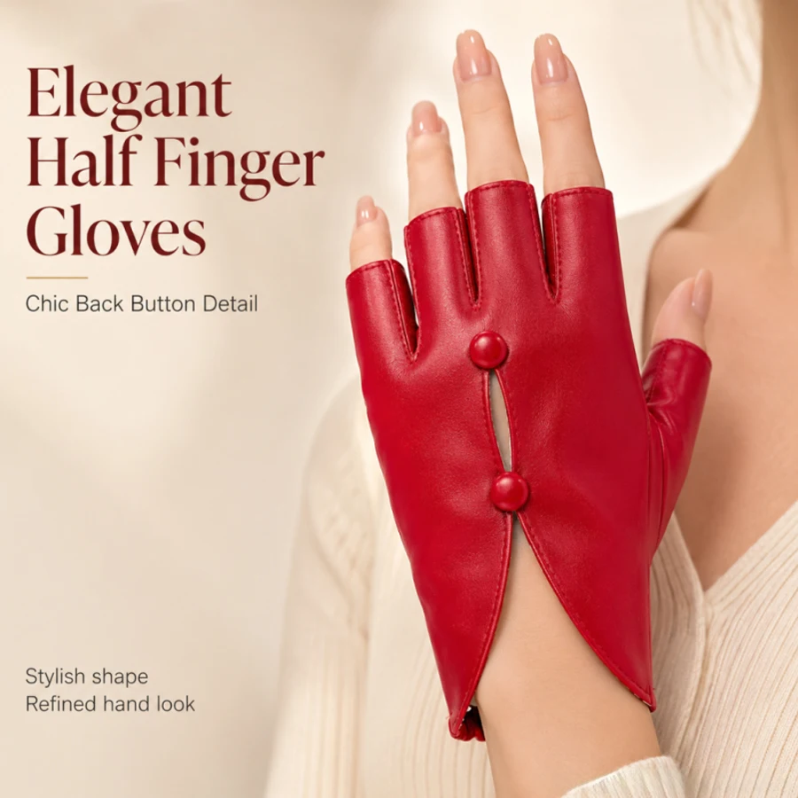 Women Elegant Half Finger PU Leather Gloves, Back Split Double Button Design Fashion Fingerless Gloves for Party Cosplay Stage P