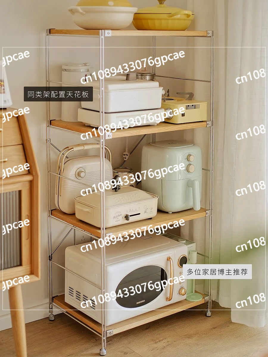 Stainless Steel Solid Wood Shelves Floor-to-ceiling Multi-layer Bookshelves Kitchen Microwave Oven Storage Shelves