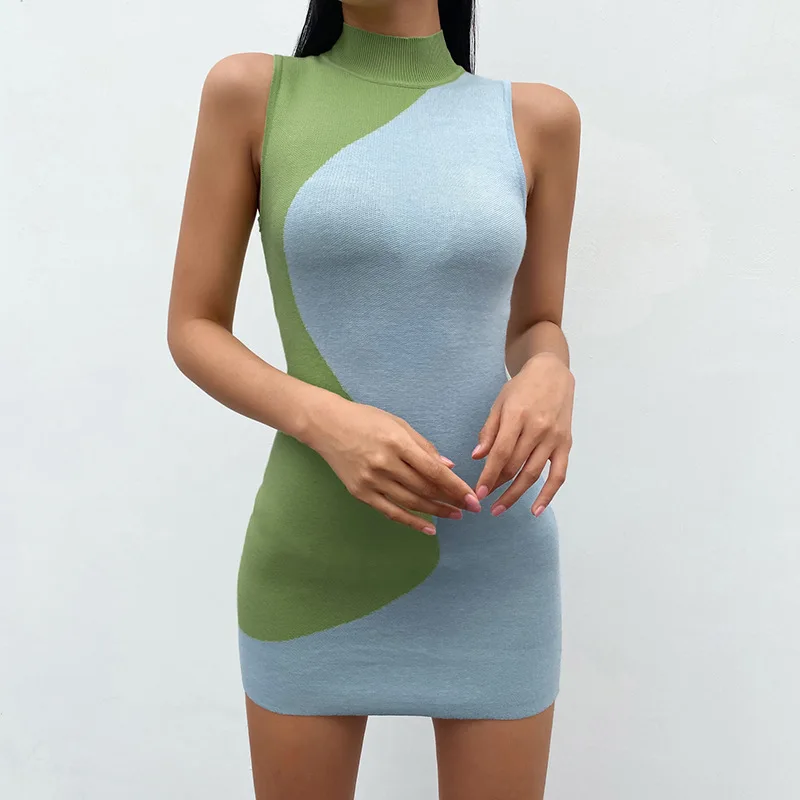 2023 Spring New Women's Color Contrast Splicing Half High Collar Sleeveless Tight Wrap Hip Sexy Fashion Style Dress Short Skirt