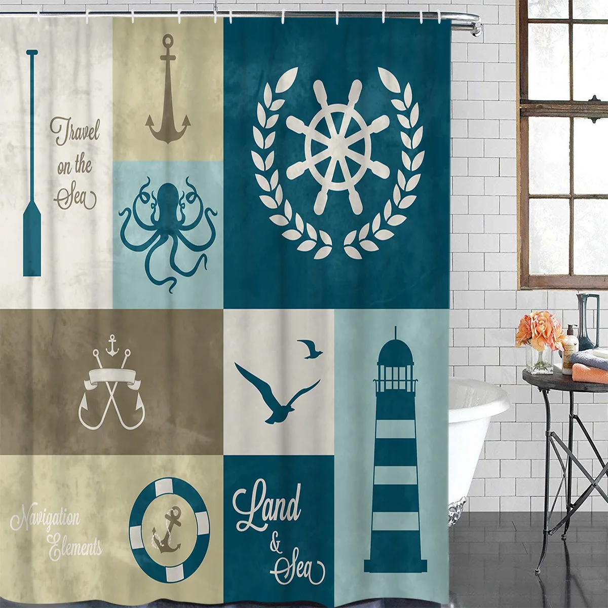 Anchor Lighthous Emblem Seagull Octopus Waterproof Shower Curtain With Hook Bath Curtains Bathroom Decoration Accessories