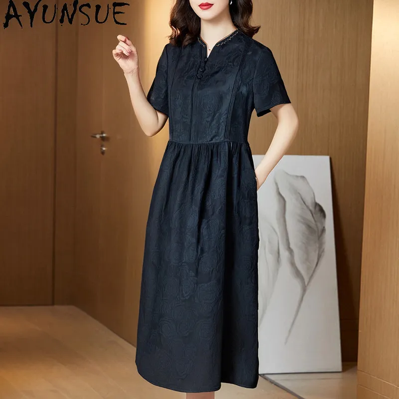 AYUNSUE 100% Mulberry Silk Dresses for Women Xiangyunsha Vintage Summer Dress Women Mid-length Women Clothes 2026 Robe Femme Été