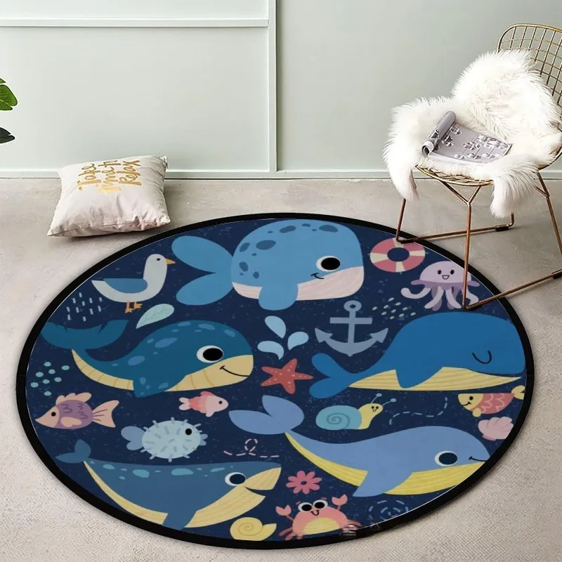 Ocean Animals & Starry Night Round Rug – Whale, Constellation, Moon Design, Nautical Floor Mat for Bedroom & Home Decor