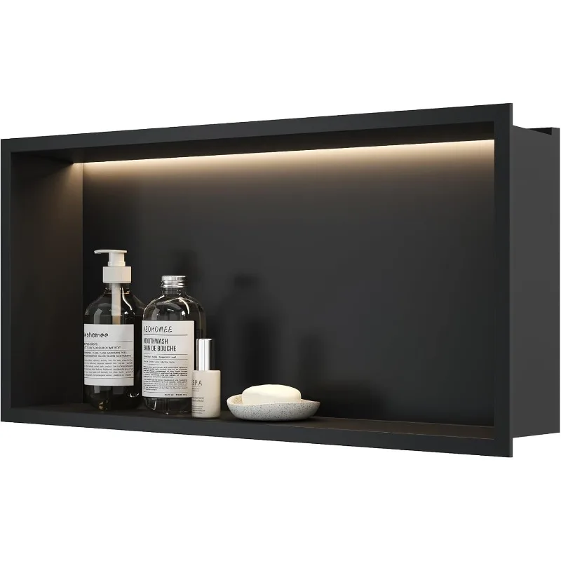 24x12 Wall Niche with LED Light Strip, Matte Black Shower Niche Cabinet, Stainless Steel Bathroom Shelf, NO Tile Needed Recessed