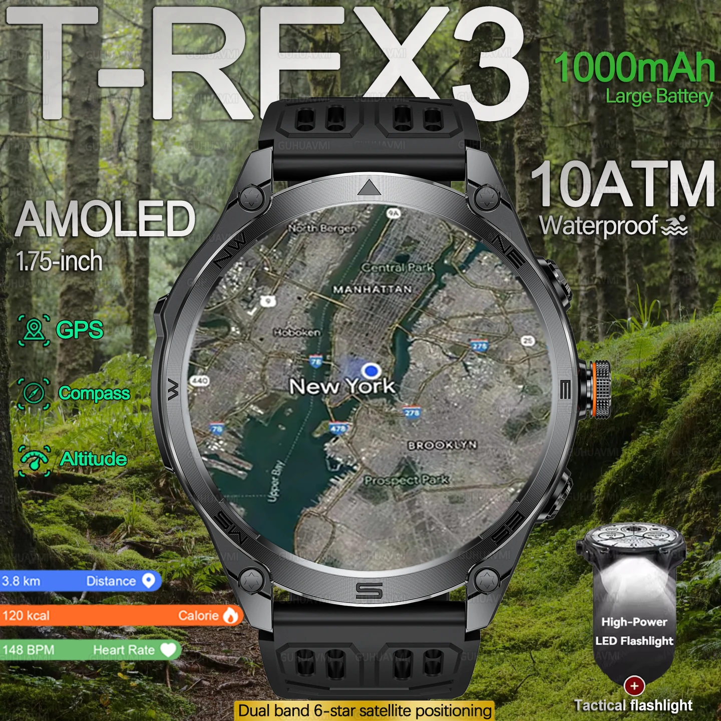 2025 Nuovo 10ATM Tattiche Impermeabili Sport SmartWatch Bussola 1000Mah Batteria Sport Torcia Elettrica BT chiamata Astuto Della Vigilanza Per Gli Uomini GPS