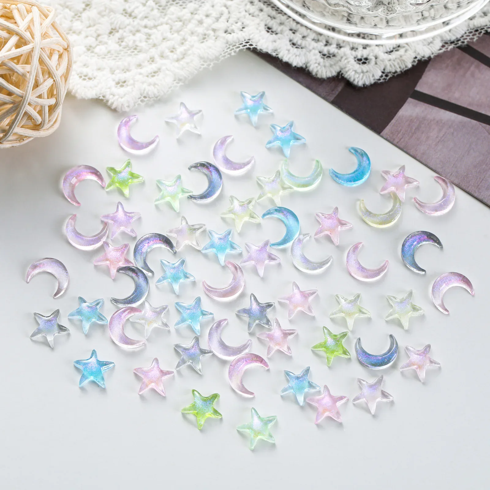 50pcs Mini Transparent Resin Kawaii Moon Star Planar Flatback Nail Art Miniatures Accessories Decor Craft Cabochon Item Sticker