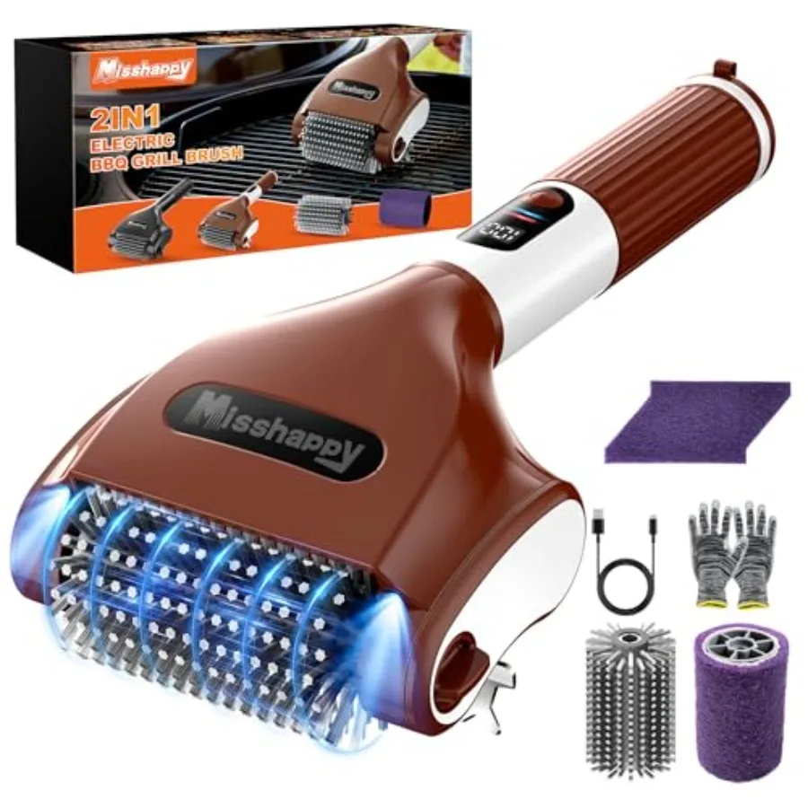 

Electric BBQ Grill Brush for outdoor grilling, brown silicone bristle-free design, 4000mAh cordless rechargeable with 2-speed 8