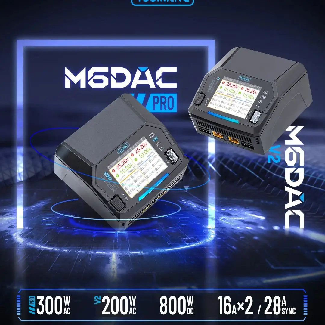 Cargador/Descargador de Baterías Lipo Inteligente de Doble Canal ToolkitRC M6DAC PRO M6DAC V2, AC 200W DC 800W 16A para LiHV LiPo de 1-6S, PD65W