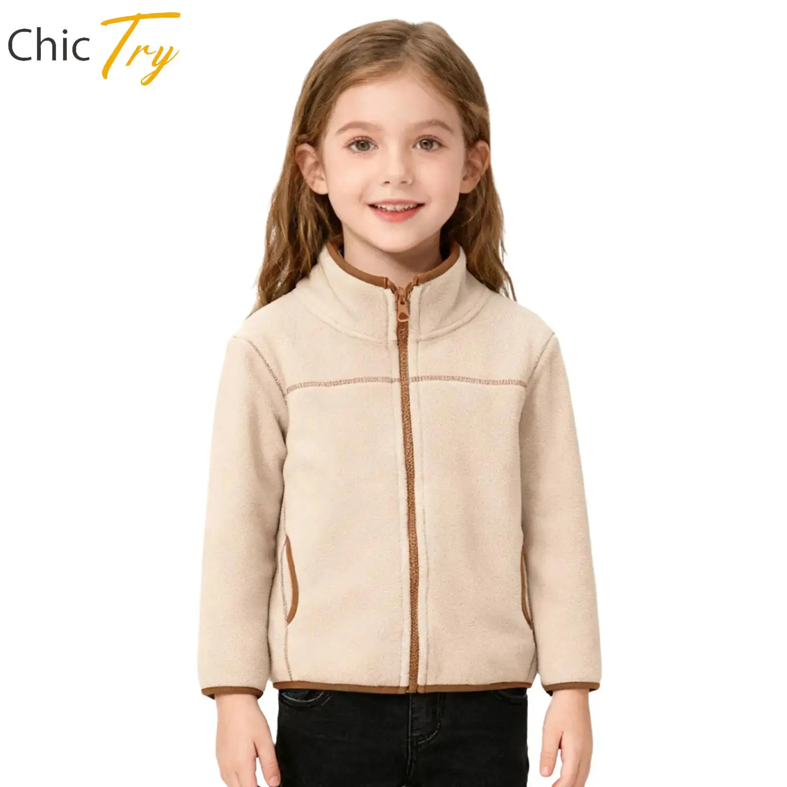 

Girls Boys Stylish Jacket Contrast Color Trim Fleece Outdoor Sports Jacket Casual Zip-up Coat Warm Outerwear Children Sportswear
