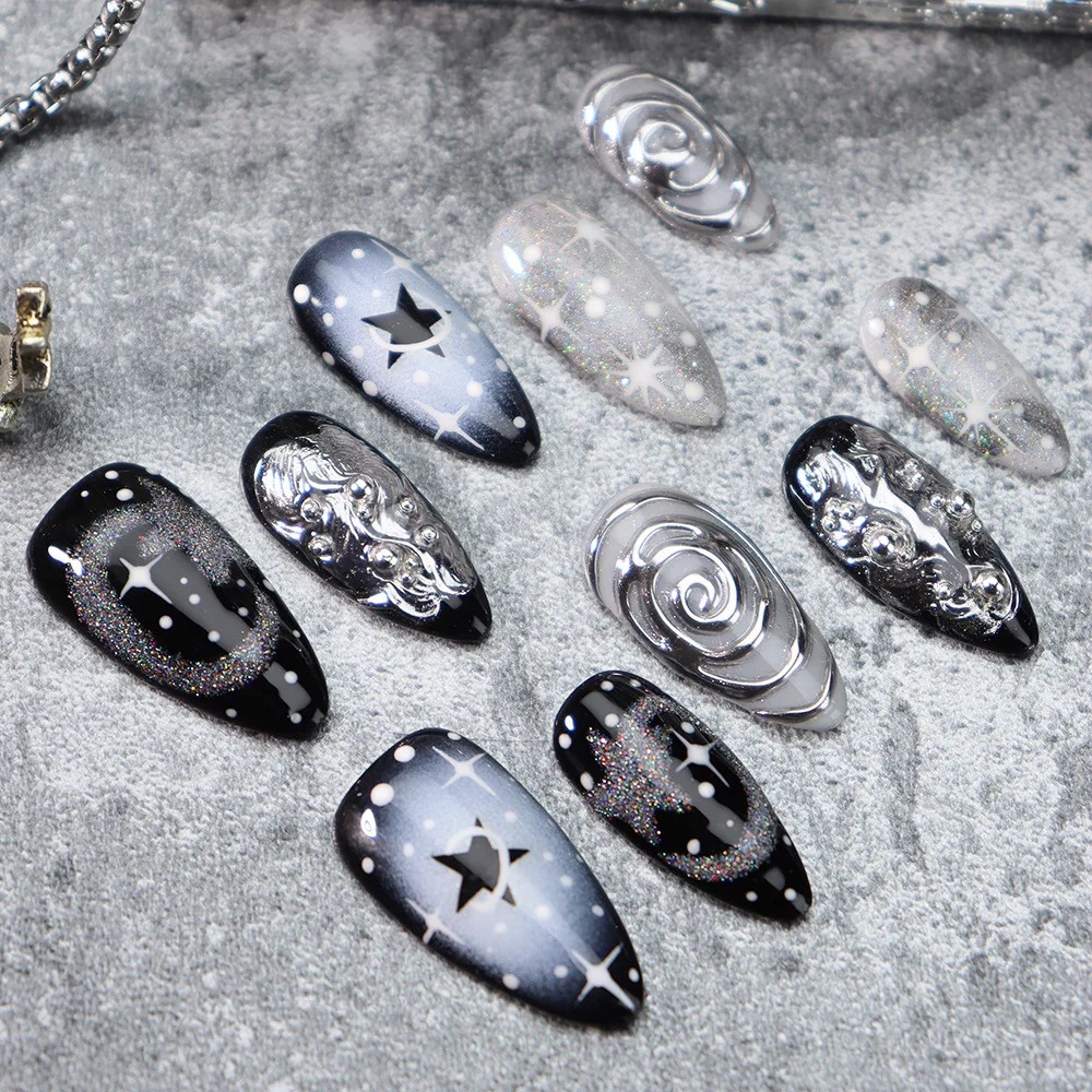 เล็บปลอมทรงอัลมอนด์ 10 ชิ้น ลายดาวสีเข้ม แบบเจลติดกาว พร้อมสีประกายวิ้ง